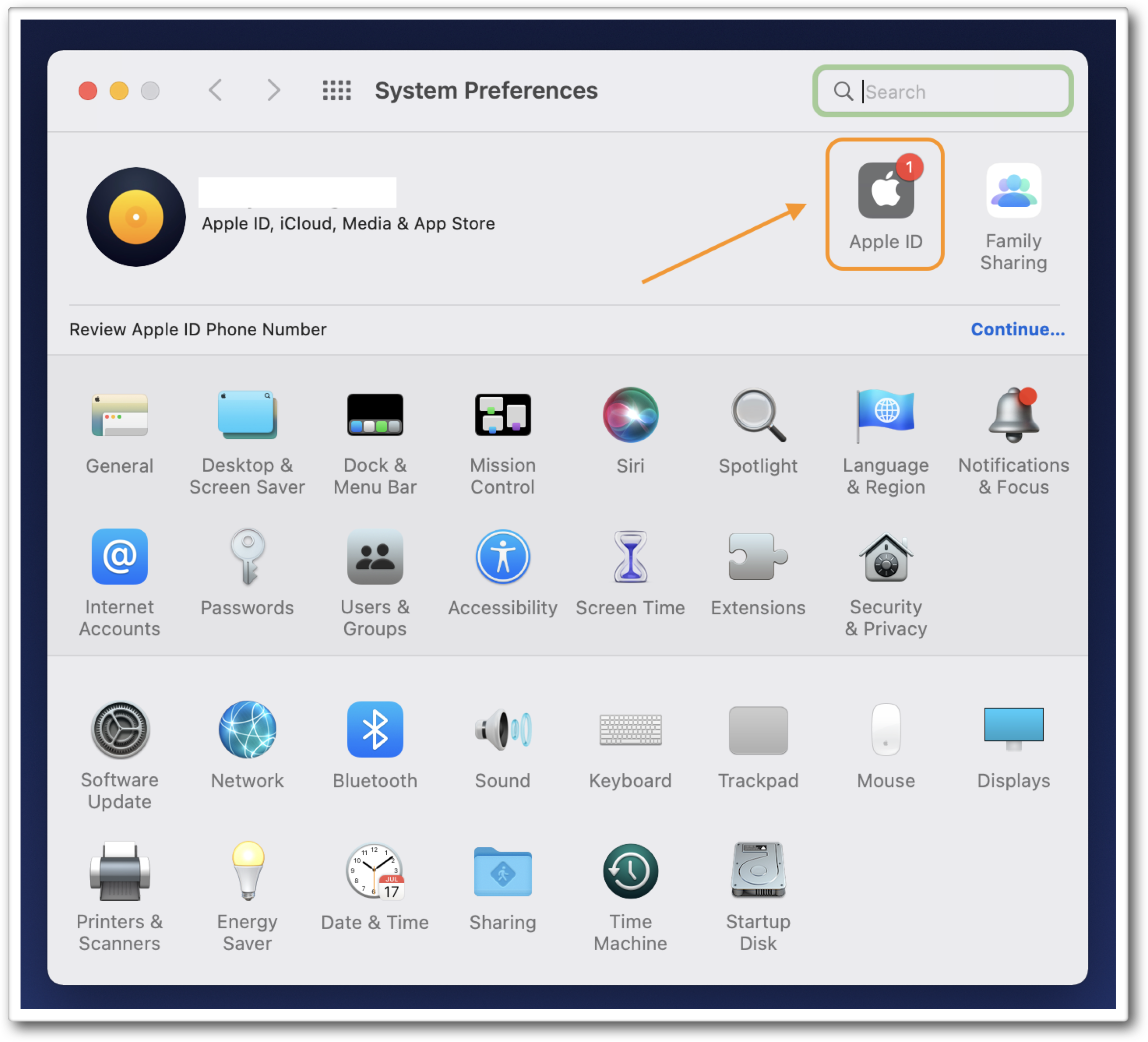 Apple ID panel in macOS
