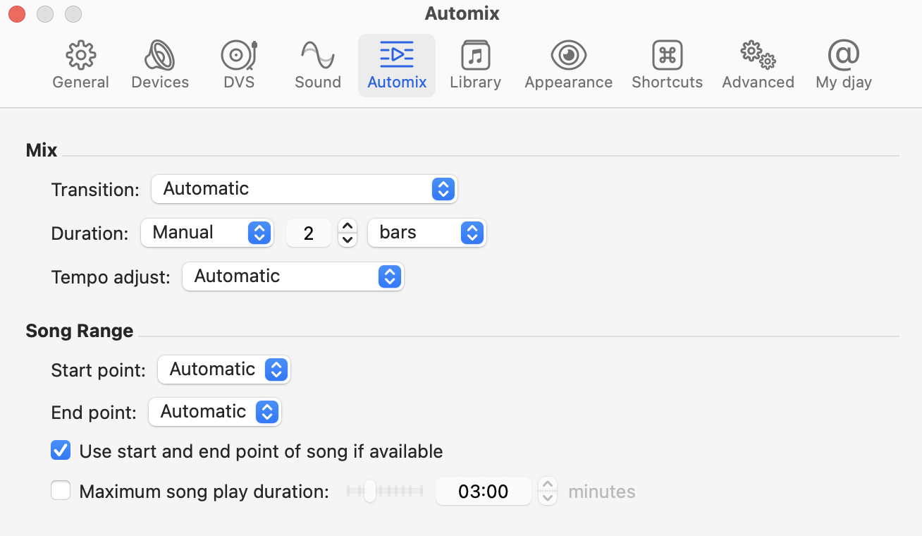 Automix settings menu