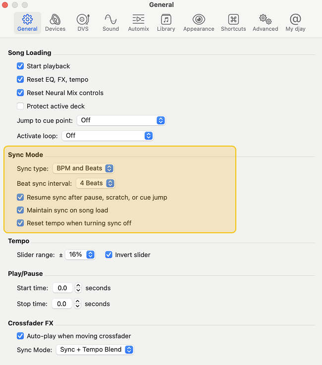 BPM and Beat Sync settings