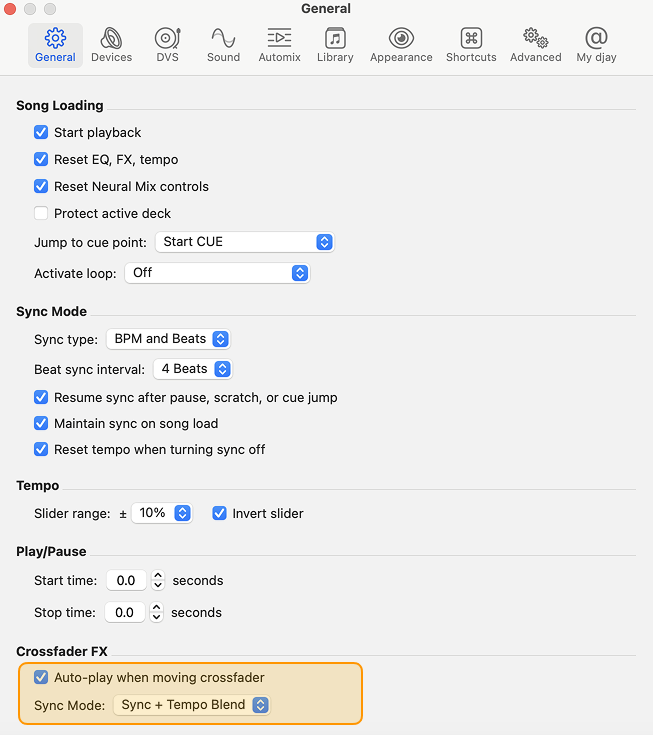 Crossfader FX settings