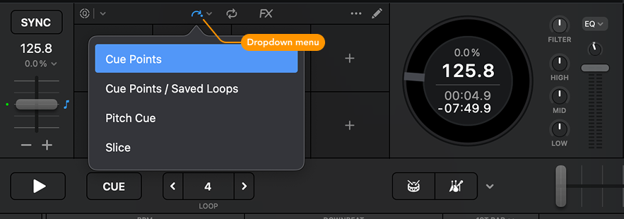Cue points dropdown menu