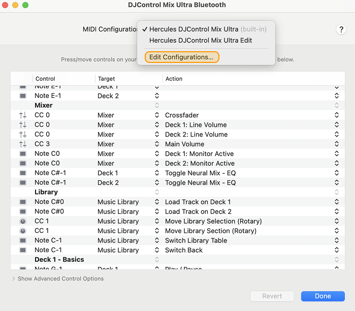 Edit MIDI configurations