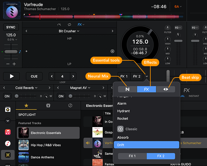 Essential tools dropdown menu