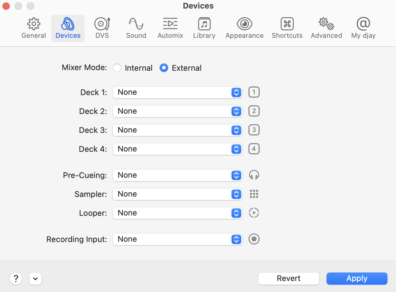 External mixing device settings