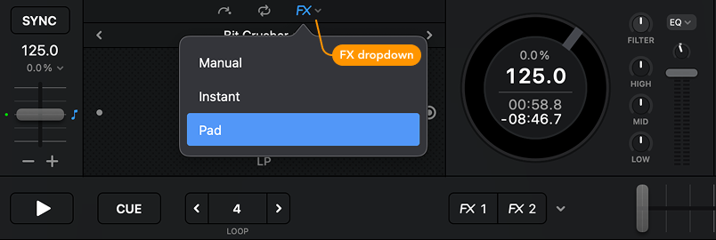 FX dropdown menu