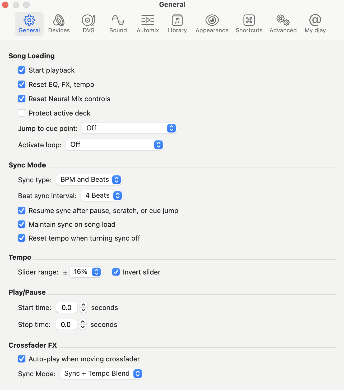 General settings menu