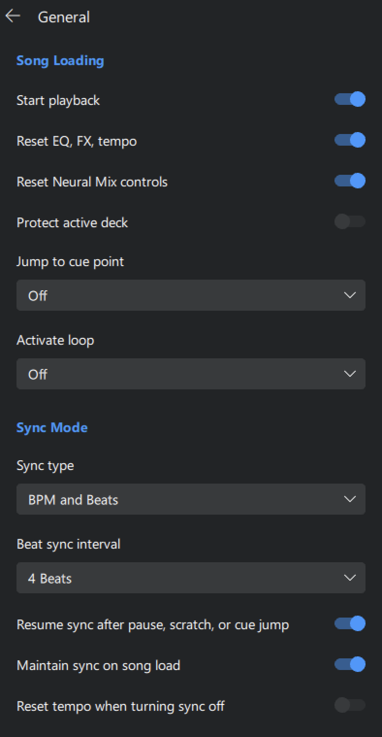 General settings menu