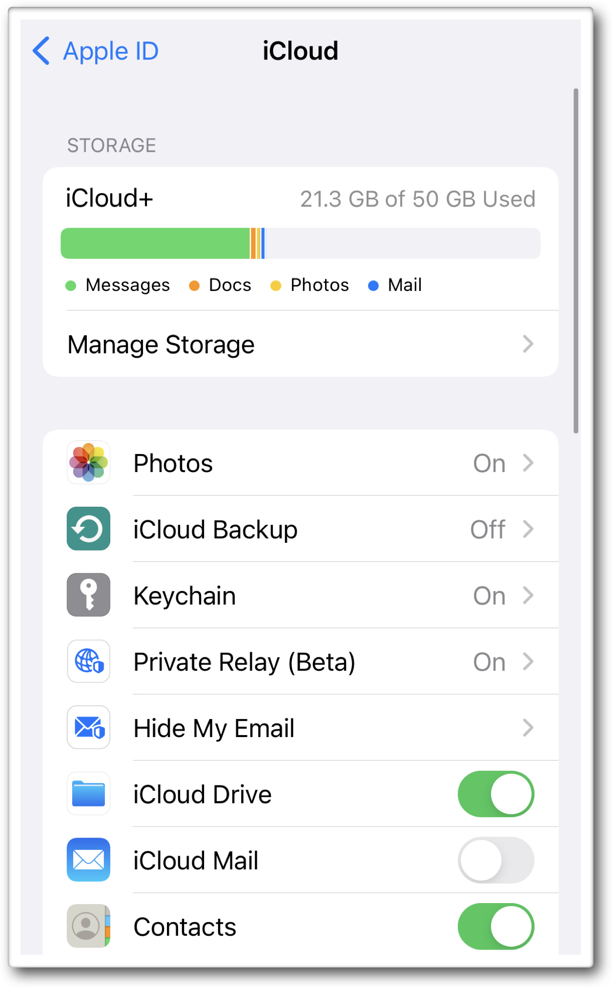 iCloud Drive toggle in iOS