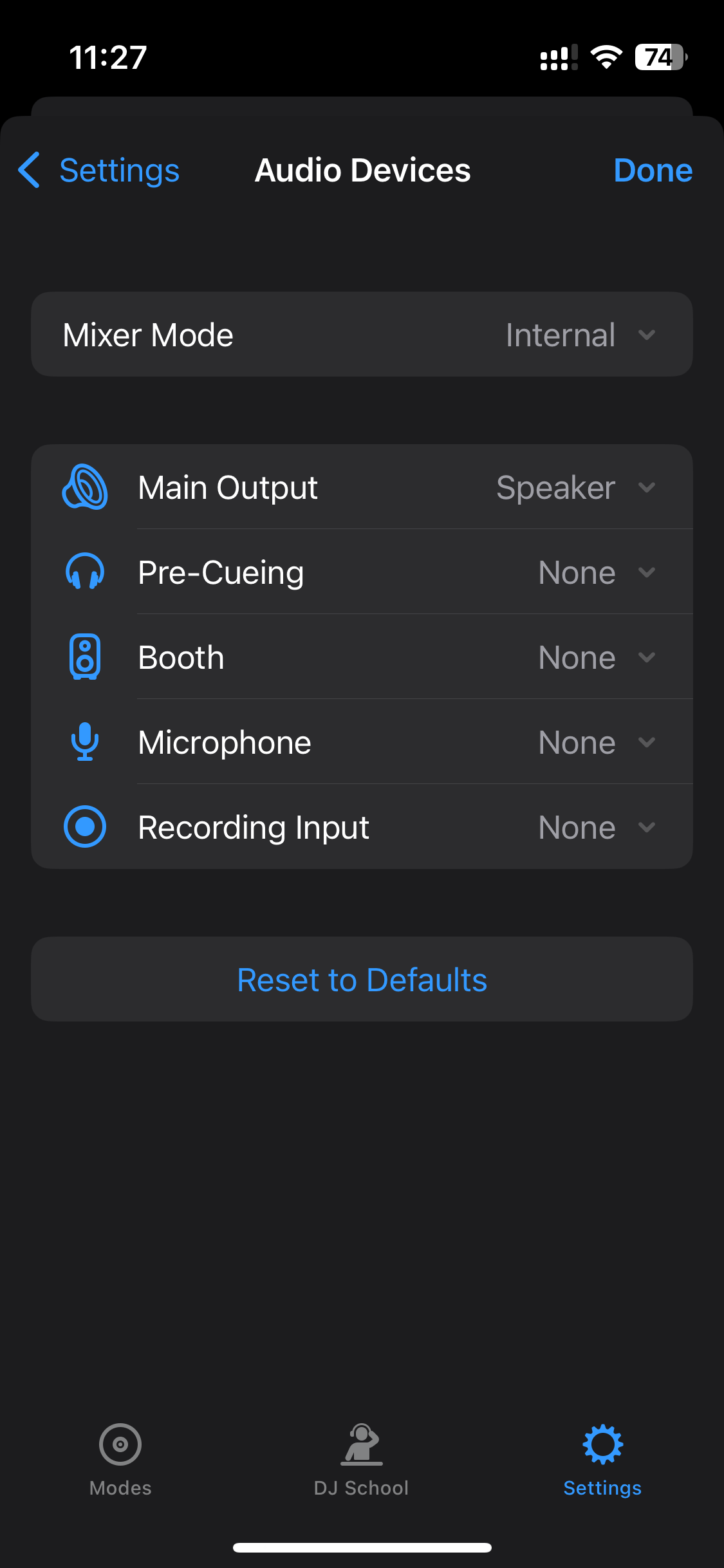 Internal mixer settings