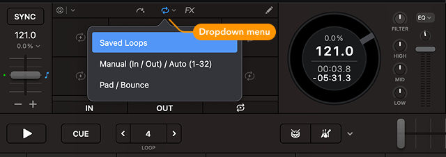 Loops dropdown menu