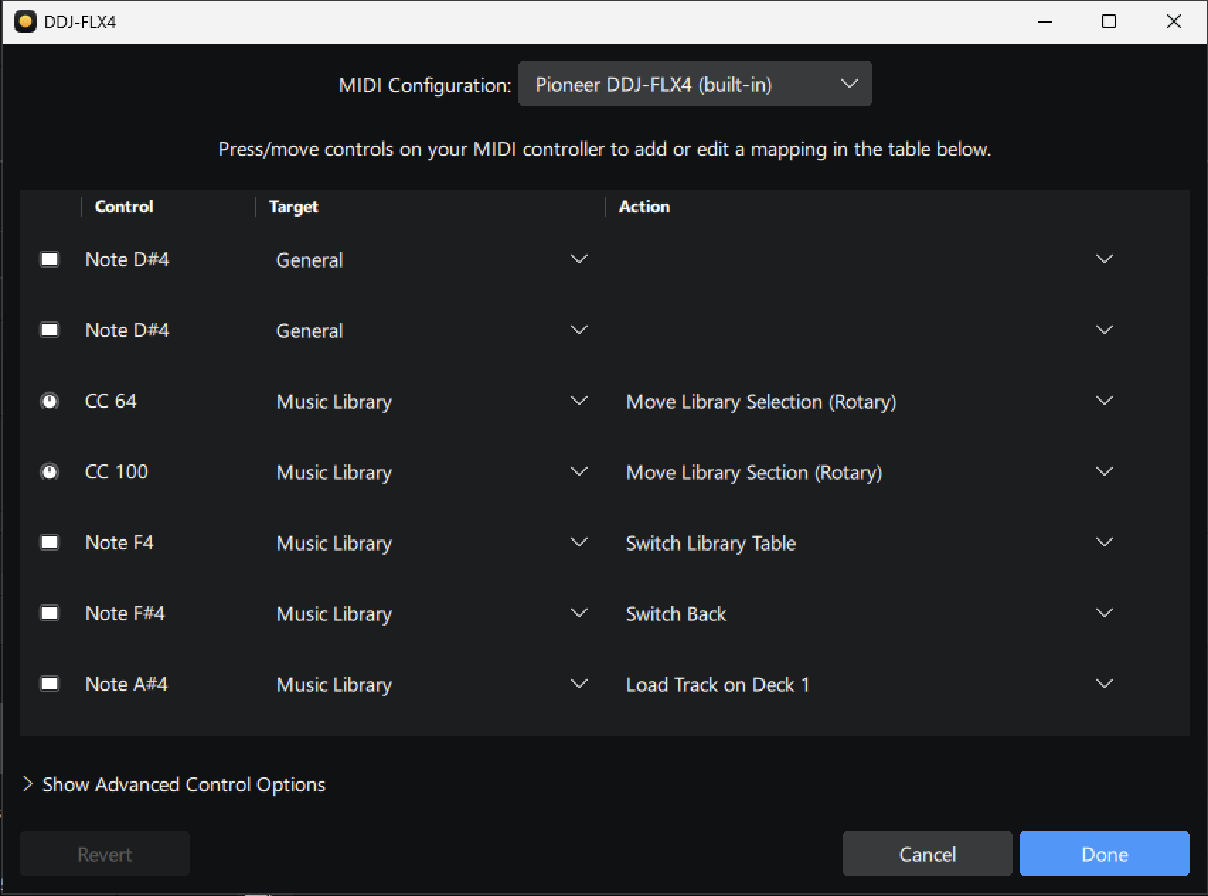 MIDI configuration window