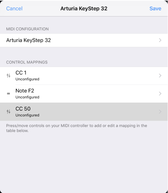 Midi control mappings
