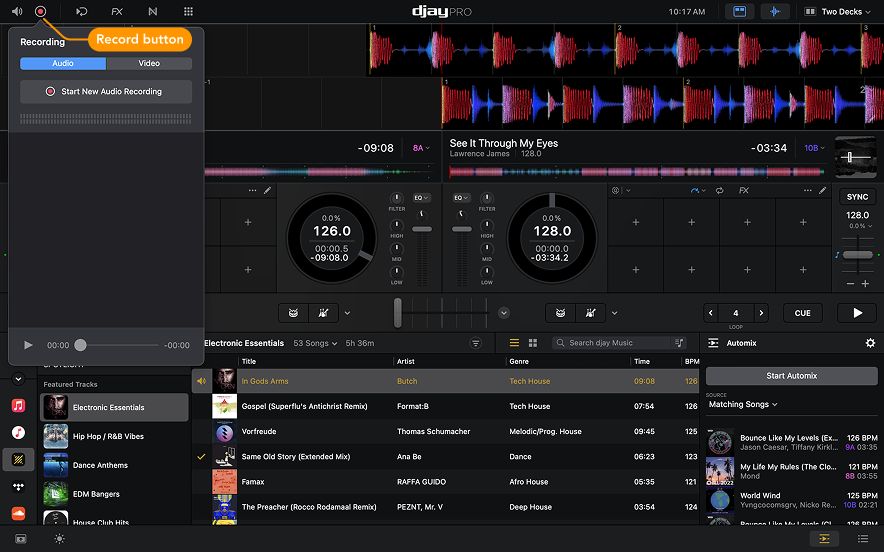 Record a mix menu button