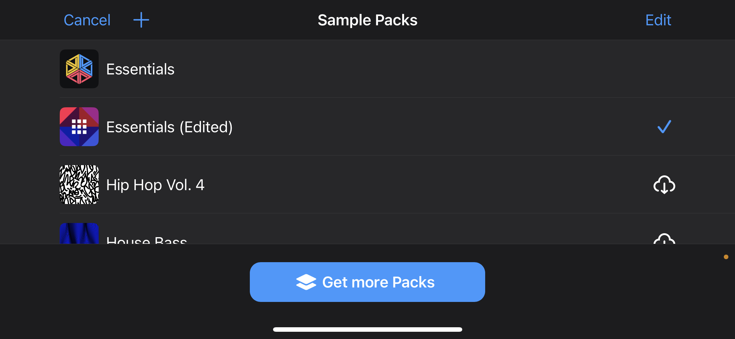 Sample packs menu