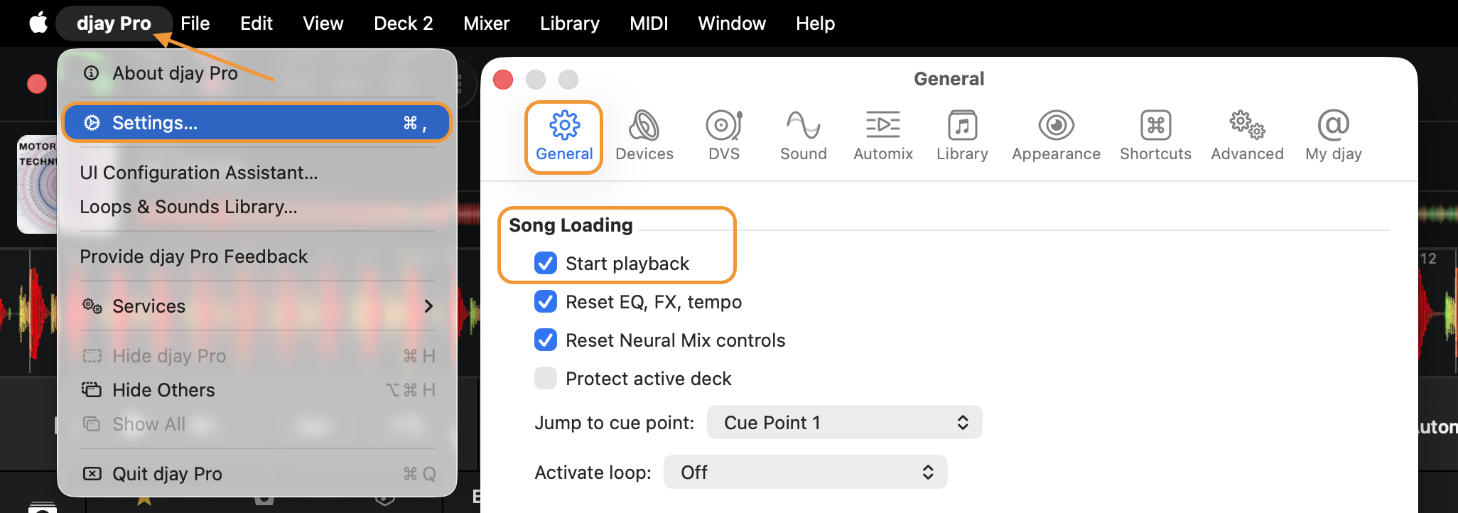 Song Loading settings with Start Playback turned on
