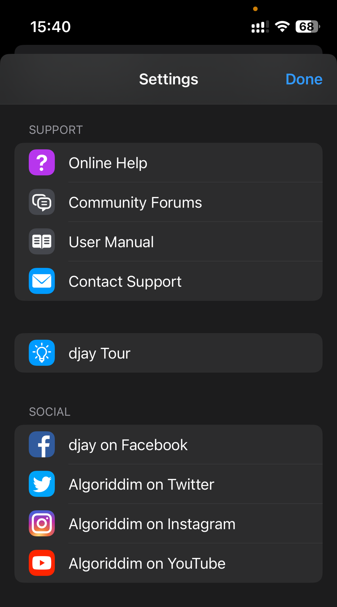 Support and social links