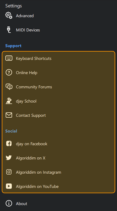 Support and social links