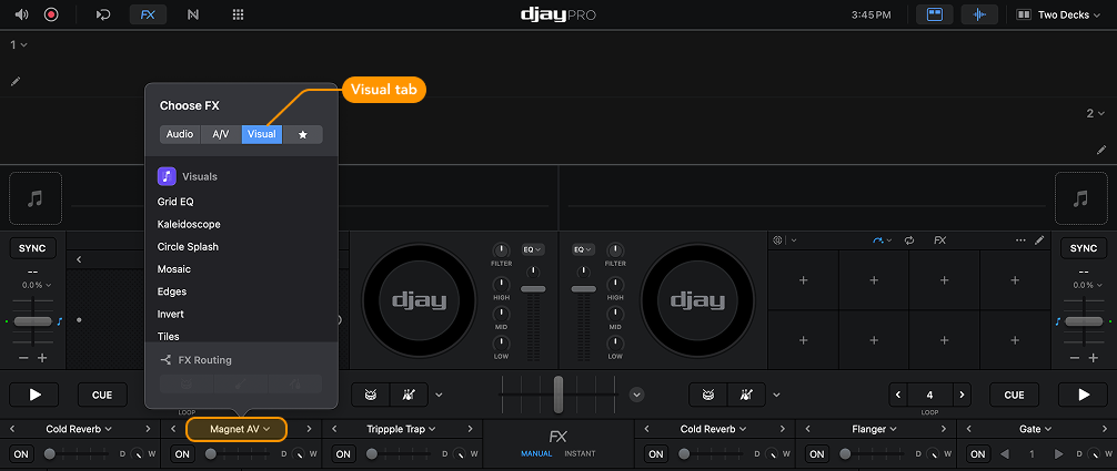 Video effects dropdown menu