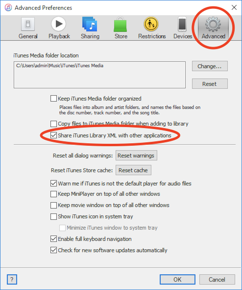 iTunes Advanced Settings Library XML